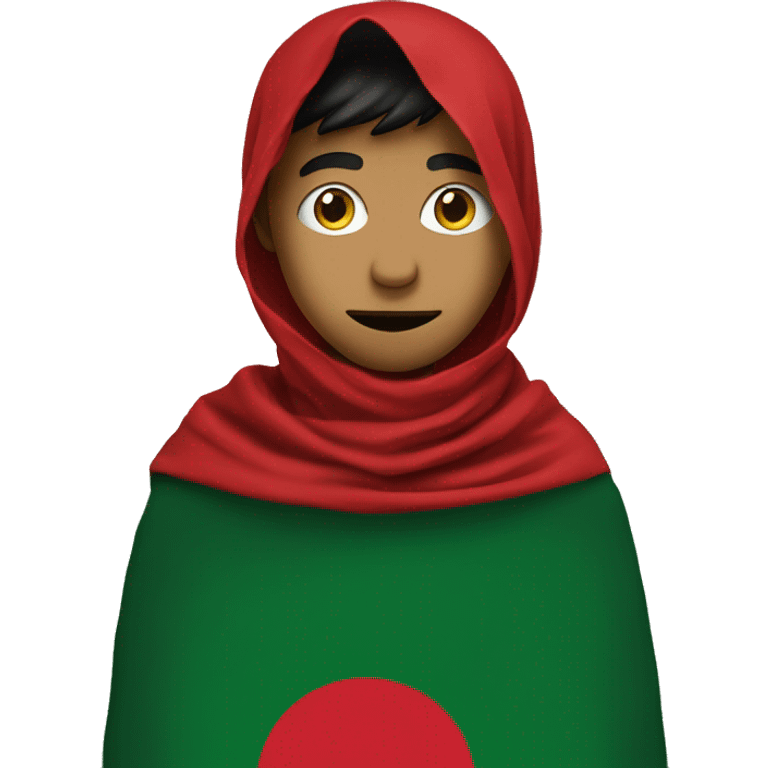 Bangladesh flag behind, a 20 year young boy in front , red cloth covering his face emoji