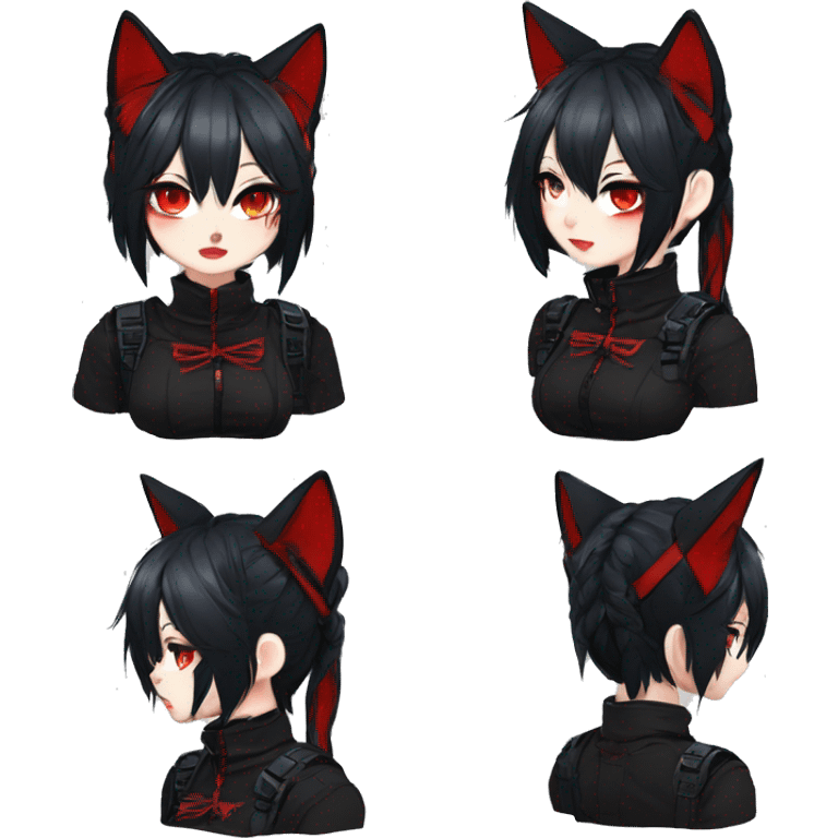 Gorgeous gothic dark techwear anime style anthro cat with blushing face aesthetic and pretty edgy black red punk messy ponytail hair with collar and harness trending style emoji