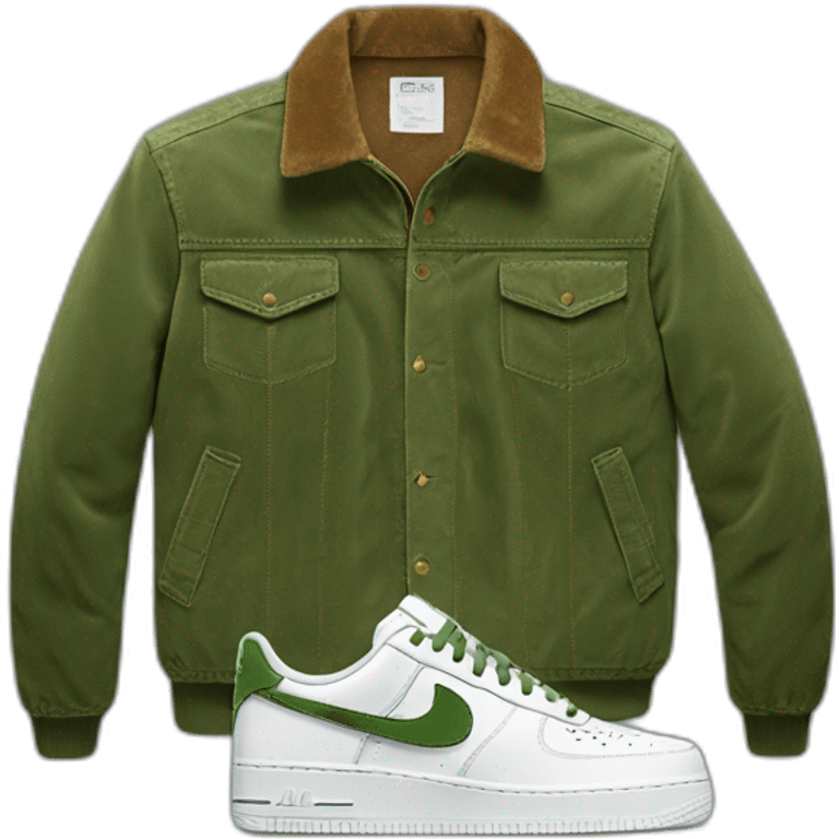 Set with white nike air force one shoes, brown corduroy pants and a green corduroy jacket emoji