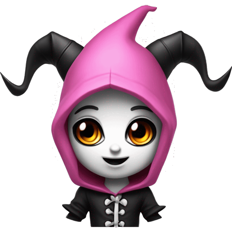 A mischievous chibi cartoon character with black devil horns, a jester-like hood with a pink skull on the front, light pink cheeks, black and white color scheme, large expressive eyes with dark eyeliner, and a playful smirk. emoji