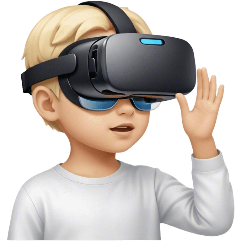 Child wearing virtual reality glasses, with a curious and engaged expression, exploring the digital world through VR technology. emoji