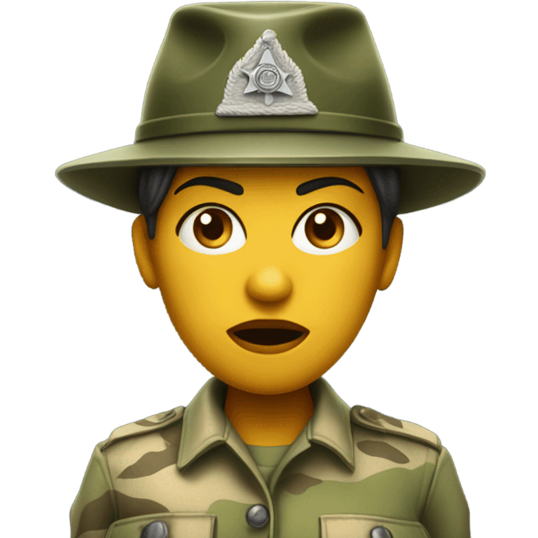 a female drill sergeant character wearing a classic sergeant hat and a camouflage army shirt. The character should have an angry intense expression. full torso emoji