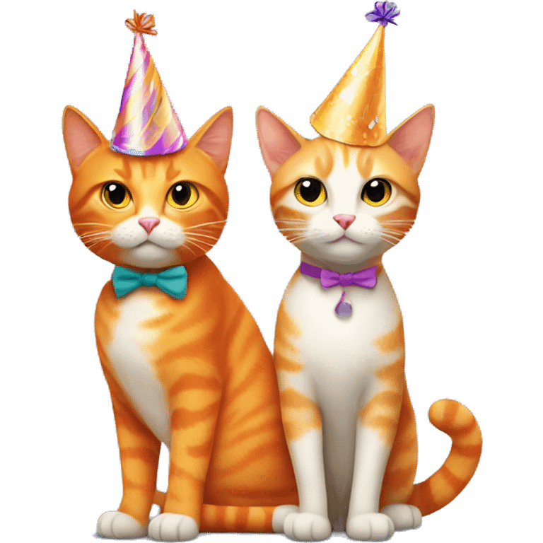 Orange cat and beige cat wearing party hats emoji