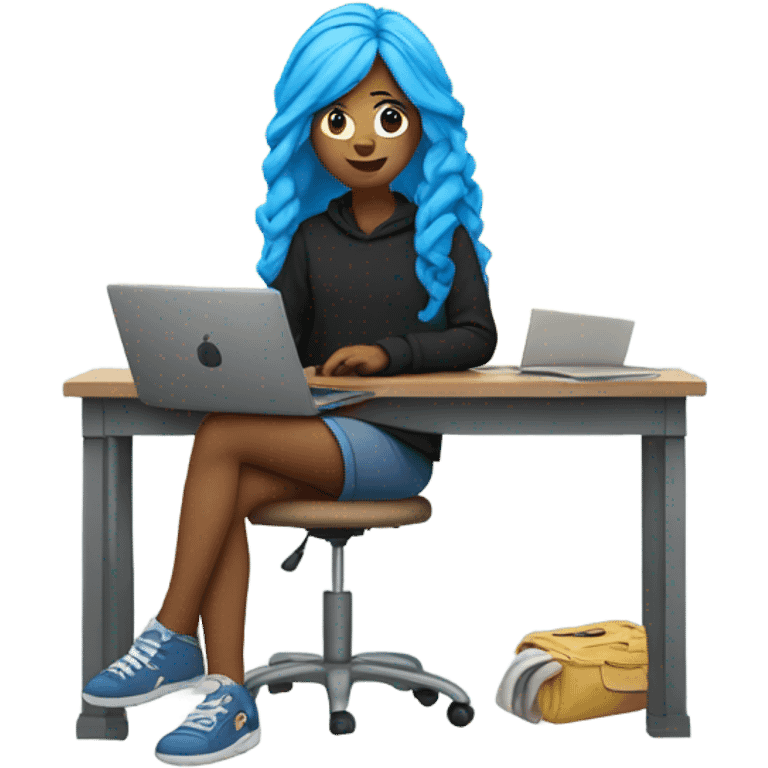 a girl with long blue hair in a black sweatshirt is sitting at a laptop emoji