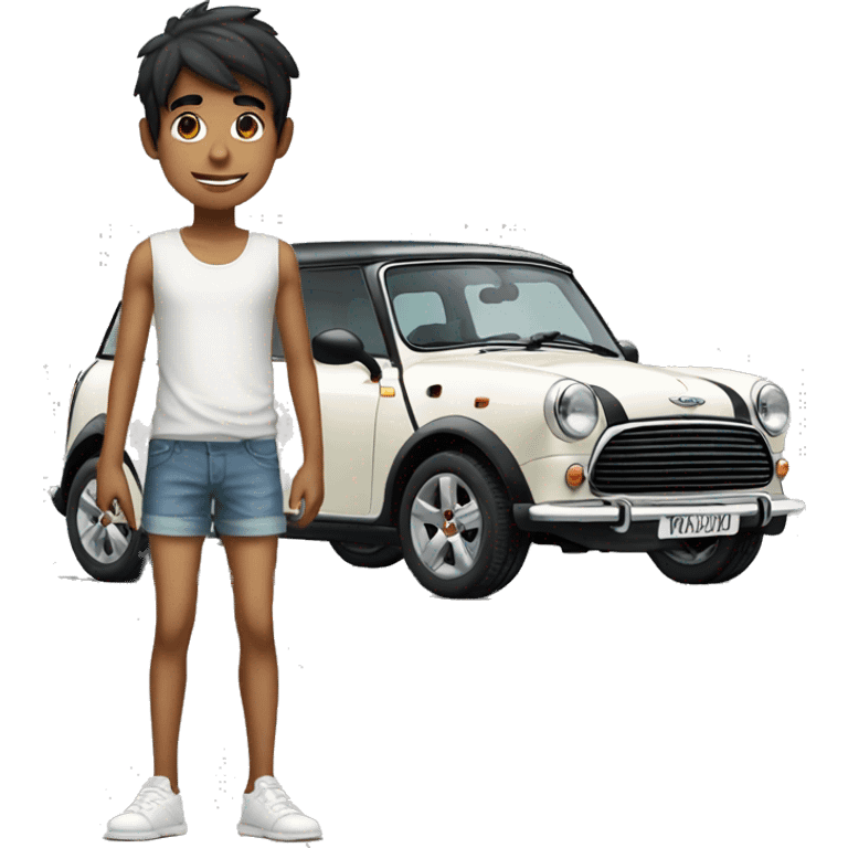 slender indian boy on shorts standing next to a white mini cooper emoji