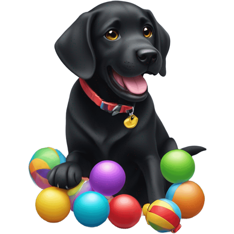 A black labrador with a toy emoji