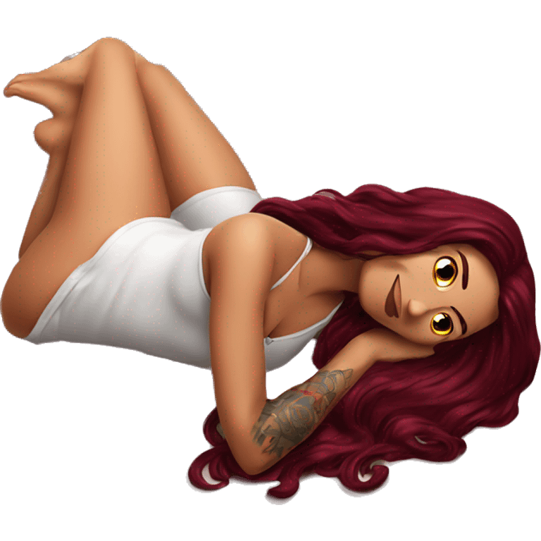 Beautiful tattooed burgundy long haired woman laying on the bed emoji