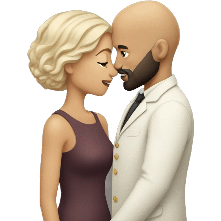 White Man bald with dark beard kissing short brown woman with long dark wavy hair emoji