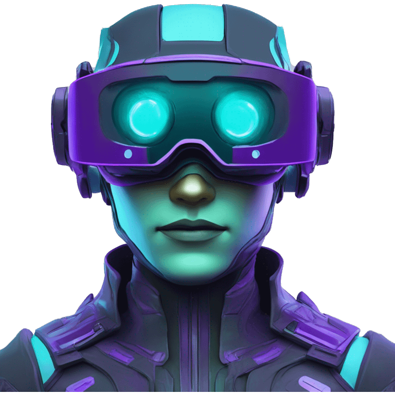 Secret humanoid agent in a futuristic hat with in Apple VR goggles headset code display on the goggles , cyberpunk, cyan and purple colors, only upper body portrait, front facing the camera  emoji