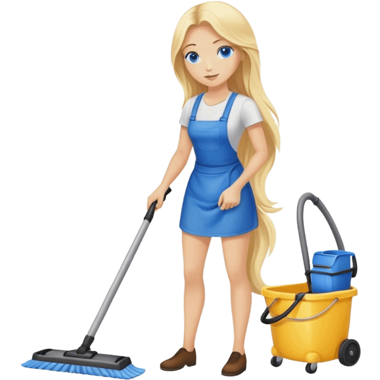 Cinematic realistic blonde with long hair, blue eyes cleans floors emoji