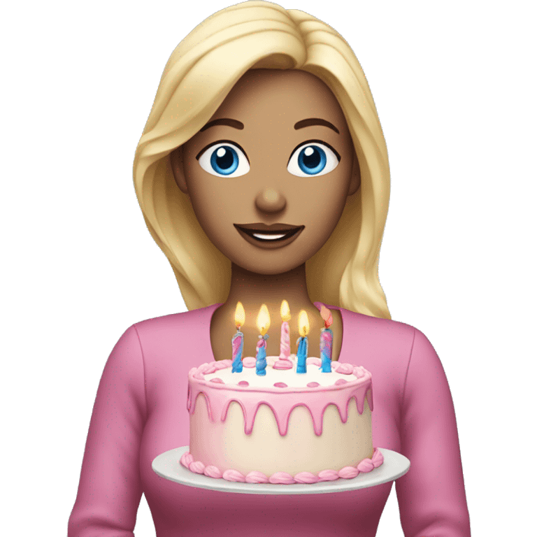 Blonde woman with blue eyes holding a pink birthday cake  emoji