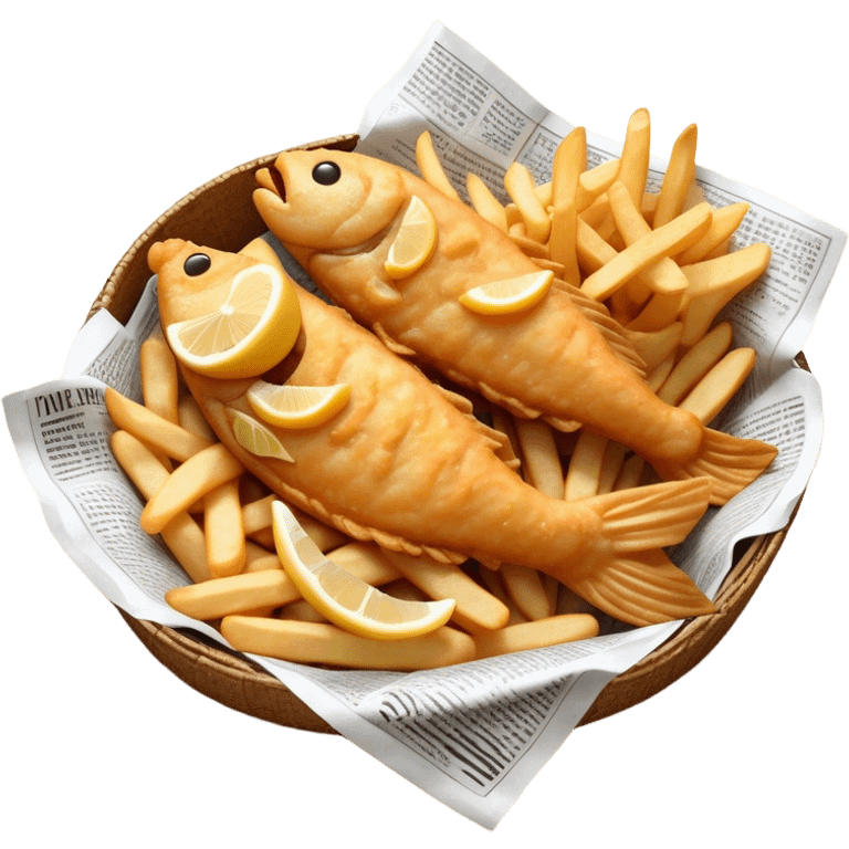 Cinematic Realistic Fish and Chips Dish Emoji, depicted with crispy golden battered fish and chunky hand‚Äêcut chips served in traditional newspaper wrapping, rendered with mouth‚Äêwatering texture and warm natural lighting that captures its quintessential British charm. emoji