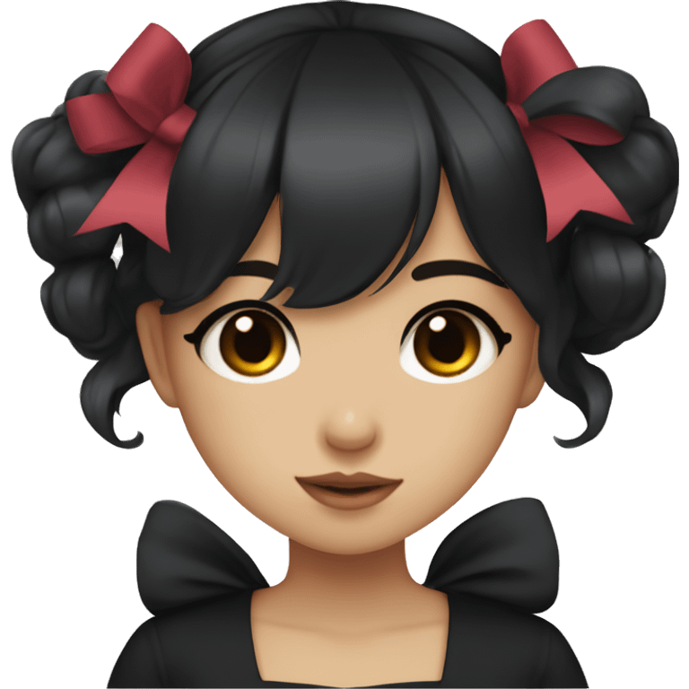 hime girl, light skin with brown eyes and black hair with bangs, bows, dark makeup, black shirt emoji