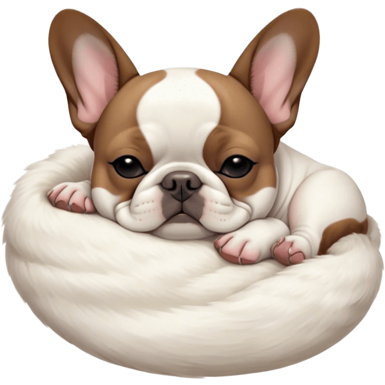 Meme-Worthy Cute Sleeping Pied French Bulldog Portrait Emoji, Head resting peacefully with a gentle, contented smile and eyes softly closed in serene repose, showcasing a distinctive pied fur of contrasting hues and a lovable, relaxed expression, simplified yet irresistibly adorable, highly detailed, glowing with a soft, drowsy radiance, high shine, exuding calm, endearing charm, styled with a gentle, soft glowing outline, capturing the essence of a sleeping Pied French Bulldog that appears destined to be the next viral symbol of adorable, sleepy delight! emoji