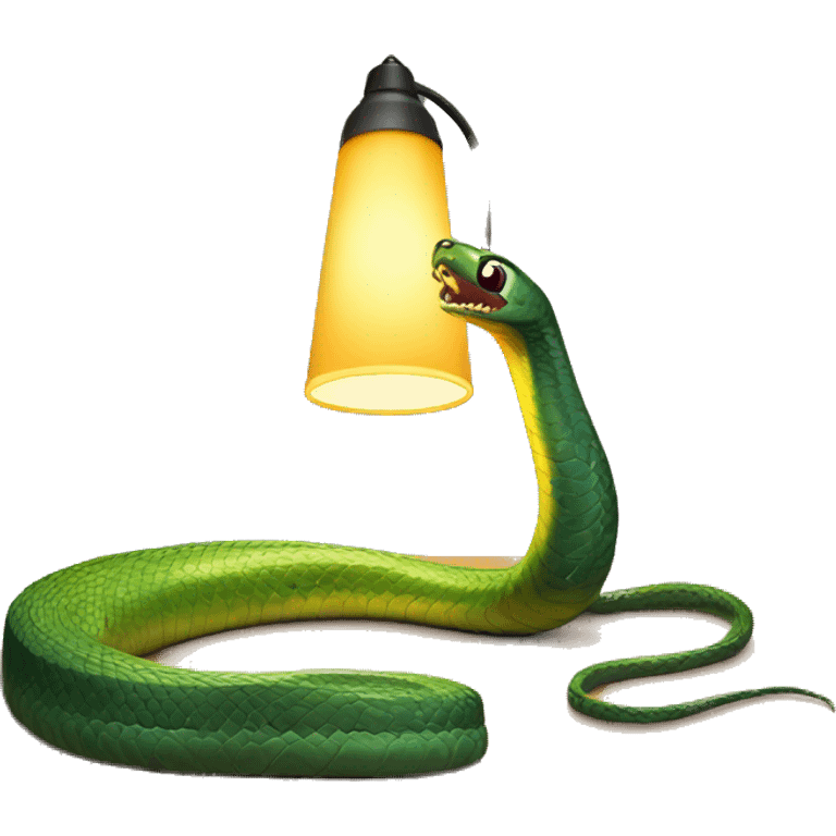 A snake on a desk. The snakes head should be replaced with a lamp. The snakes tail should be connected to a battery emoji