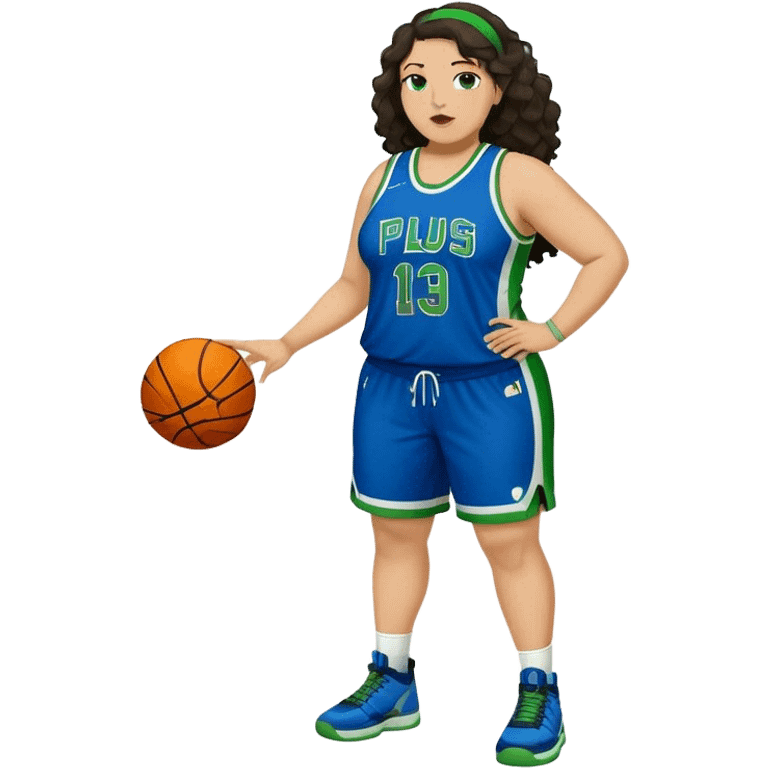 full body plus size light skin latino women basketball player with wavy dark hair large wide nose wearing blue with green uniform emoji