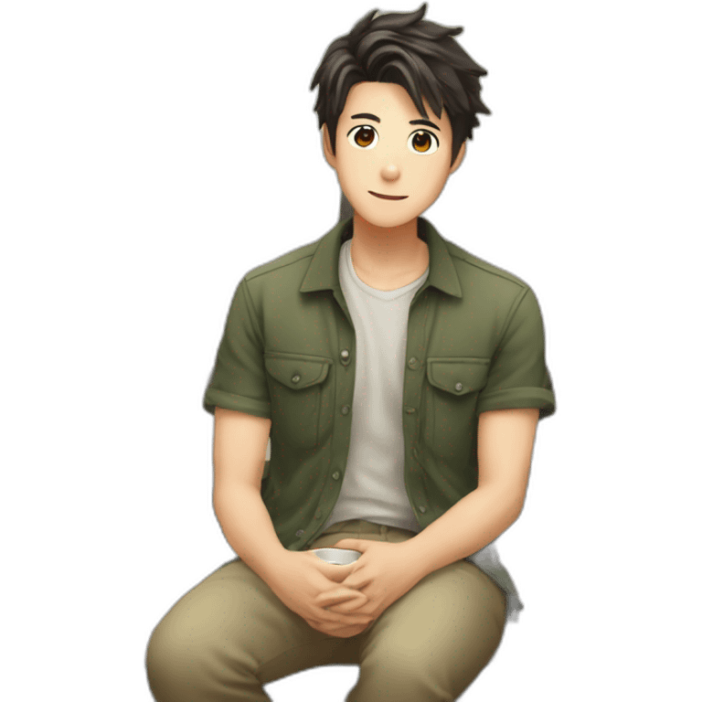 1boy, bishounen, casual, indoors, sitting, coffee shop emoji