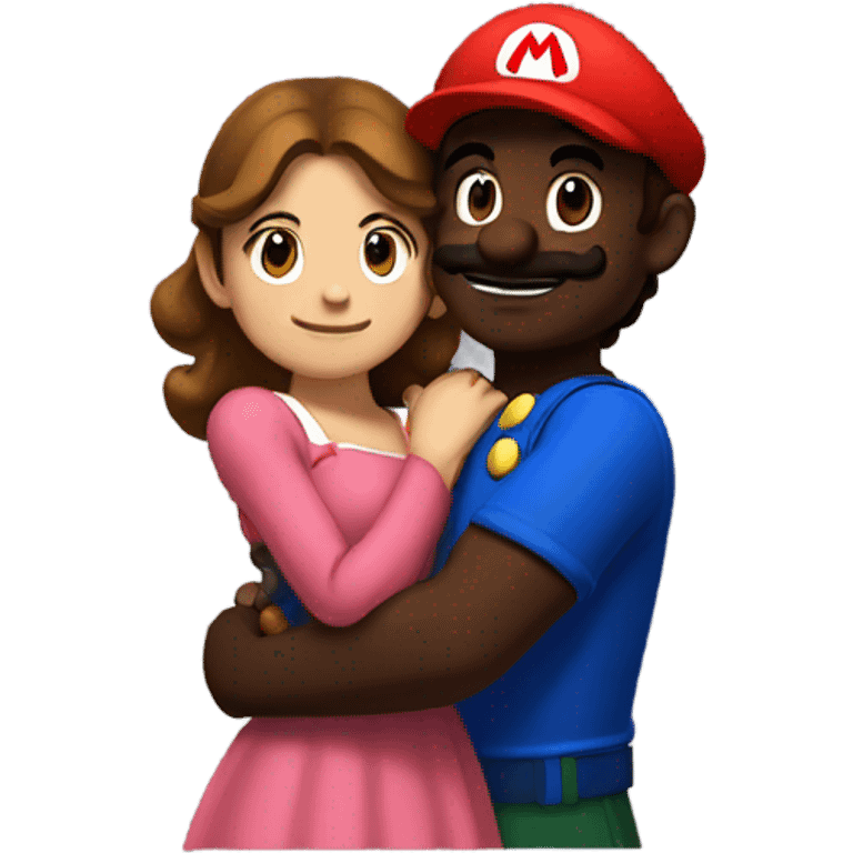 Dark skinned Mario hugging a brown haired girl emoji