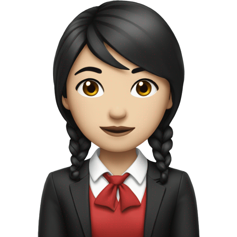 Asian girl with black hime cut hairstyle, wearing a red suit with a black cross tie.  emoji