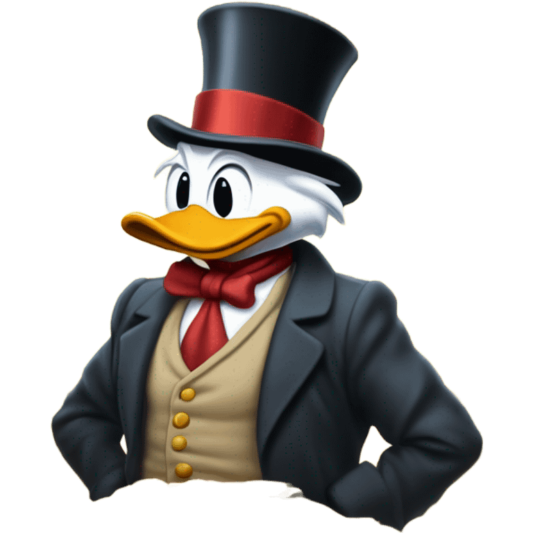 a slim successful looking scrooge mcduck standing atop a pile of money emoji