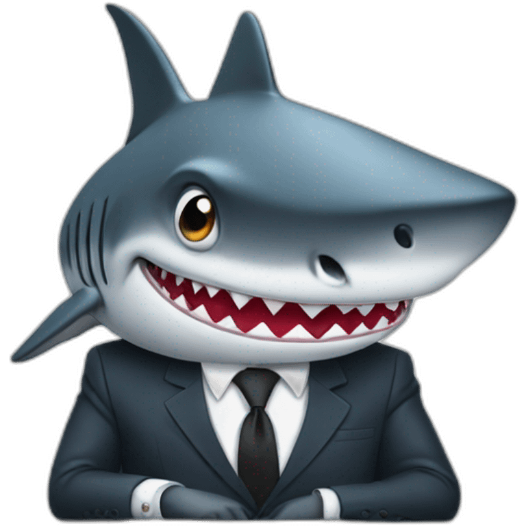 A shark sitting at a table wearing a suit looking straight ahead emoji