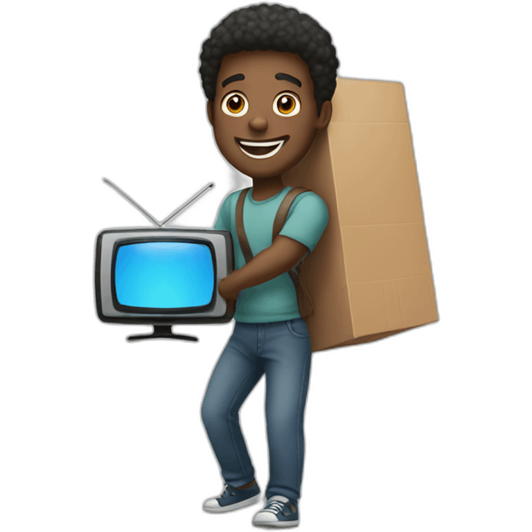 Smiling black man helpfully carrying big tv out of house emoji