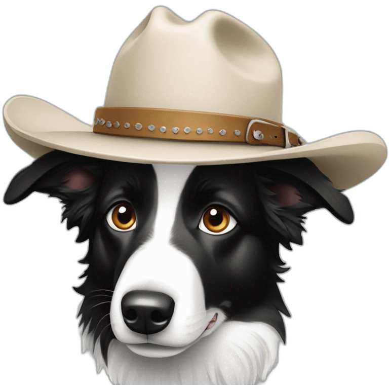 Black and white Border collie wearing a cowboy hat emoji