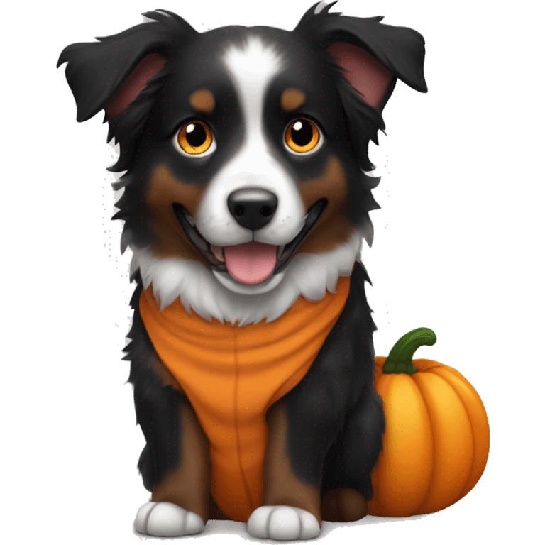 Small black australian shepherd dog in a pumpkin emoji