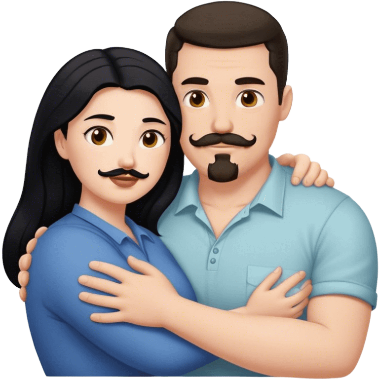 Tall strong white man with dark brown mustache goatee hugging a chubby short pale woman with long black hair emoji