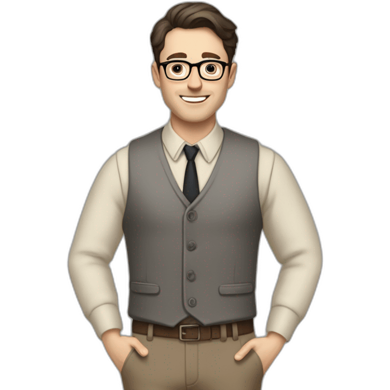 Full height Pale skinned Fit Man With dark brown hair in gray jacket, vest, tie, beige office shirt, Brown pants and vintage glasses. Thrumbs of his palms directed up emoji