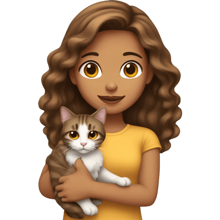 Long brown-haired Latina girl holding long haired tabby cat emoji