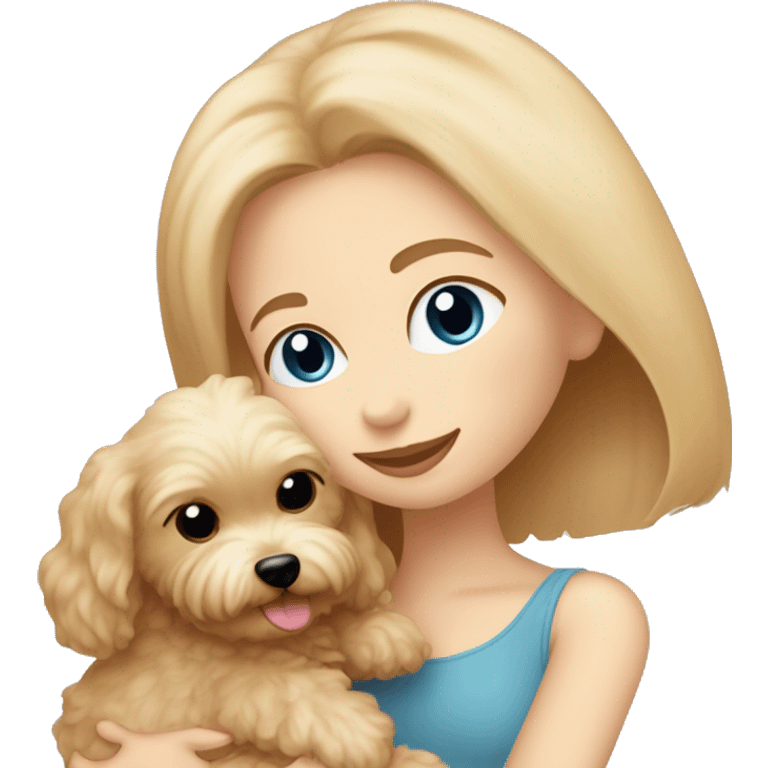 Blonde girl with long straight hair and blue eyes is hugging a small caramel maltipoo emoji