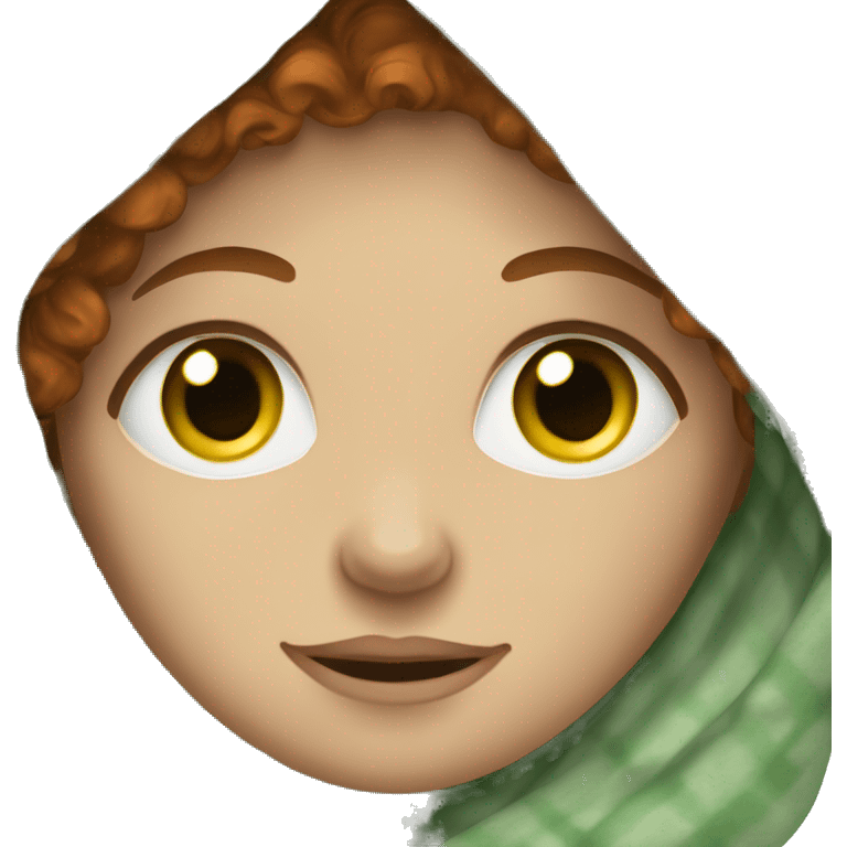 White woman with reddish brown curly hair and green greyish eyes, in a blanket emoji