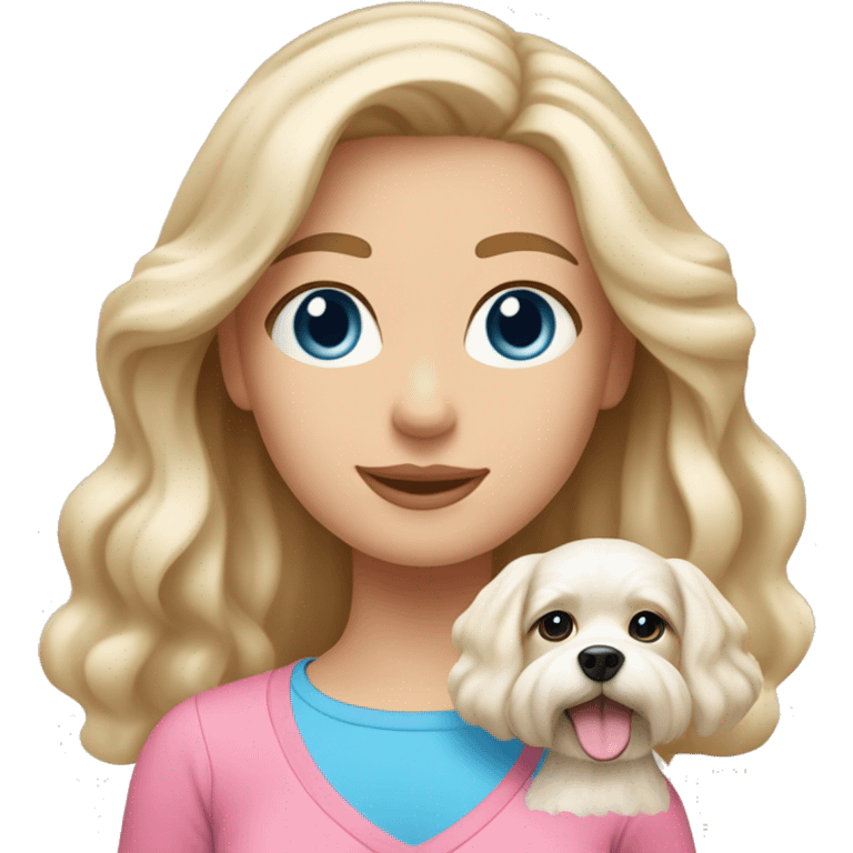 Girl with light skin, blonde white waves hair,blue eyes , wearing in pink top.  hold on Maltese dog emoji