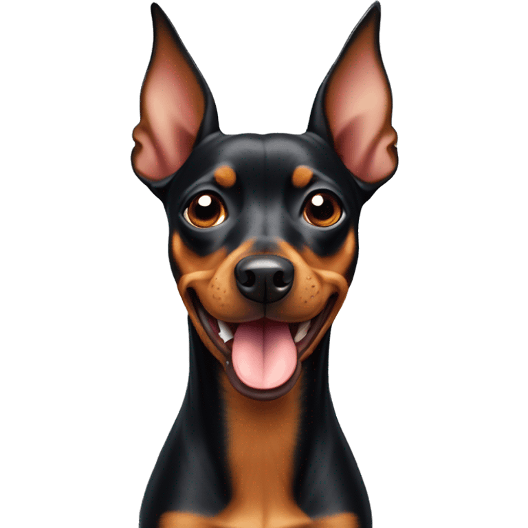 a pinscher dog looking up with its tongue out of its mouth and its ears back
 emoji