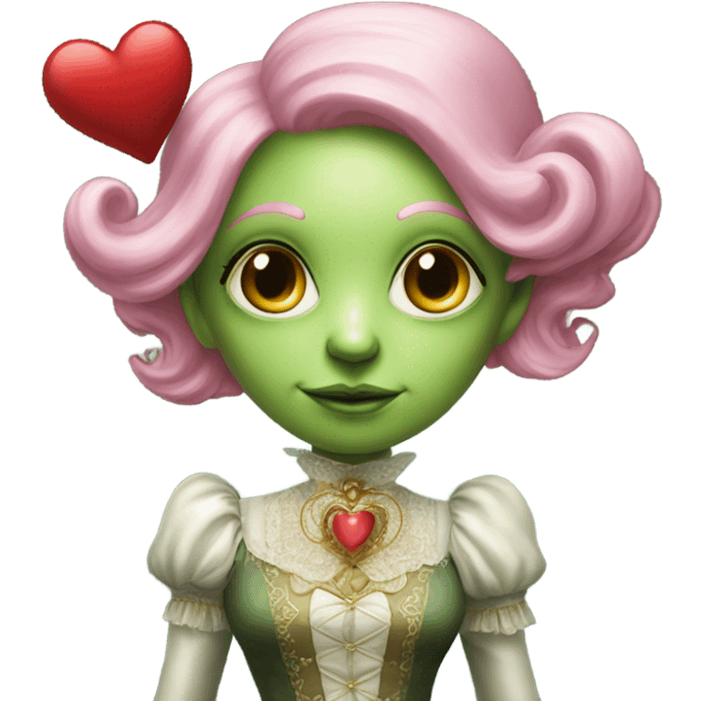 a green alien woman in Victorian white gold, pink hair,holdig, red big hearth, full body emoji