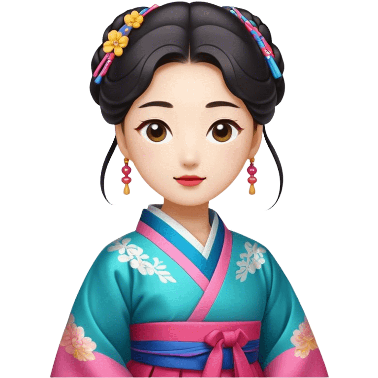 Cinematic Realistic Hanbok Emoji, depicted as a graceful intricately designed traditional Korean dress with vibrant colors and flowing lines, rendered with delicate textures and soft cultural lighting that captures its timeless elegance. emoji