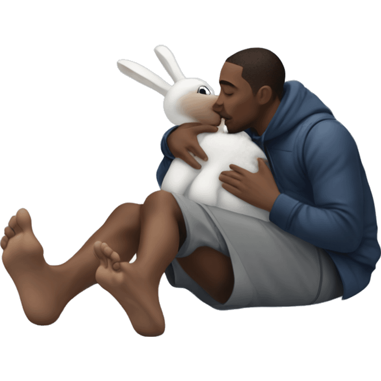 Black man kissing a snow bunny laying on the floor with his feet in the air on a snowy forest emoji