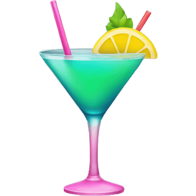 Bluish green cocktail with pink and yellow emoji