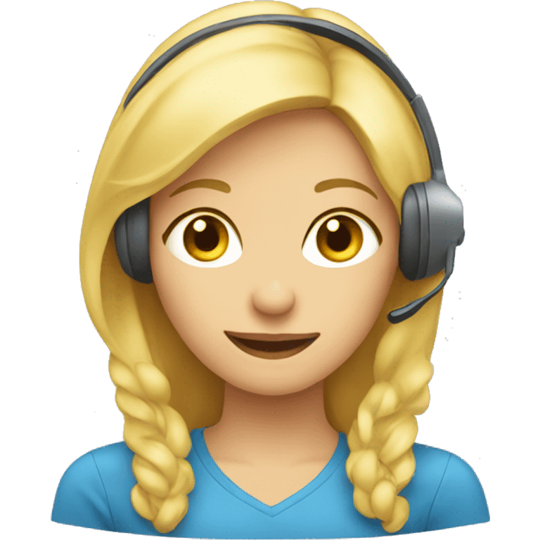 blonde woman call center, blue tshirt emoji