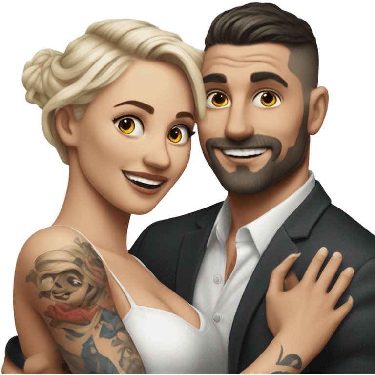 Hyper Realistic beautiful woman in the arms of a very handsome tattooed man dancing  emoji