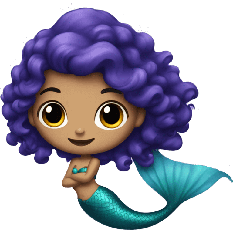 Mermaid with curly dark hair and blue and purple tail emoji