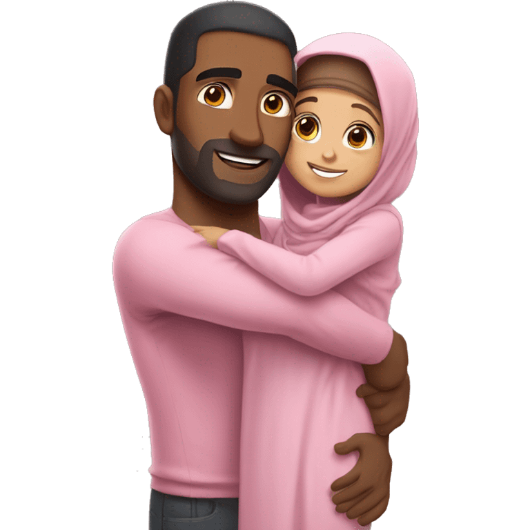 Tall muscular brown man hugging small cute brunette girl in pink hijab emoji