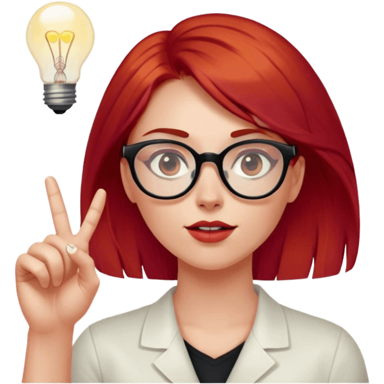 intelligent and clever, 30 year old, girl, red-blood hair, glasses, has an idea and holds her finger in the air, light bulb over the head emoji