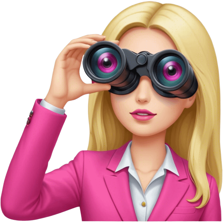 futuristic-looking woman with long hair in an intensive color pink suit looking through two-eyed binocular, viewed from an angled perspective emoji