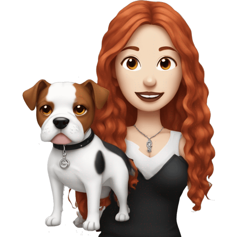 Long Red haired woman with septum piercing holding black and white English Staffordshire dog emoji