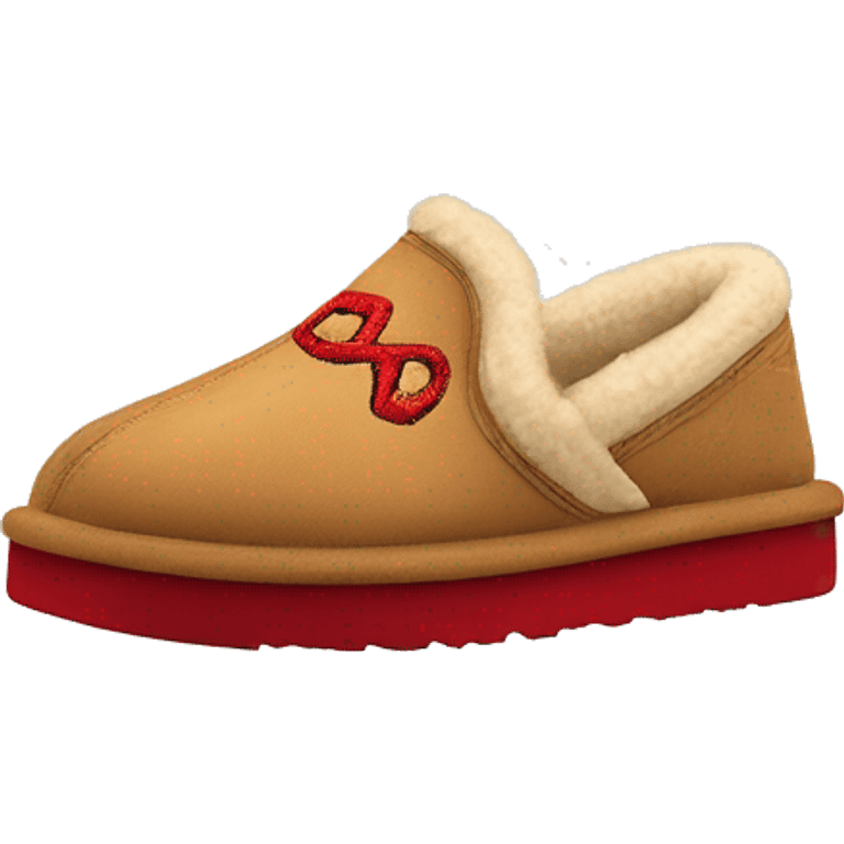 Ugg Camel slip-on slippers. A thin red zig-zag stitch only encircling ankles, VERY chunky platform sole. emoji