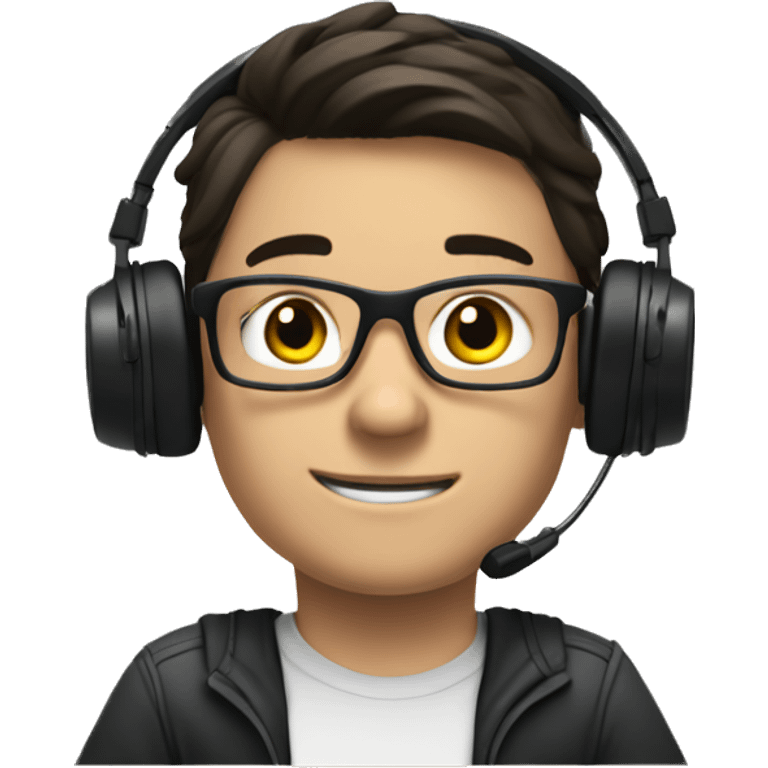 white boy with dark hair and glasses wearing gaming headset and sitting at desk on desktop computer   emoji