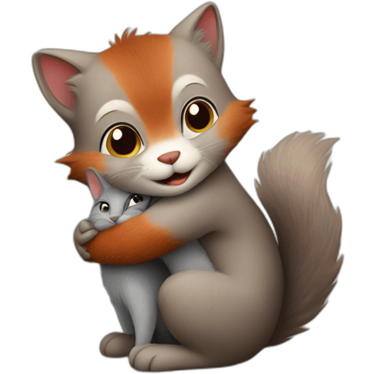 grey cat gently hugs a red squirrel emoji