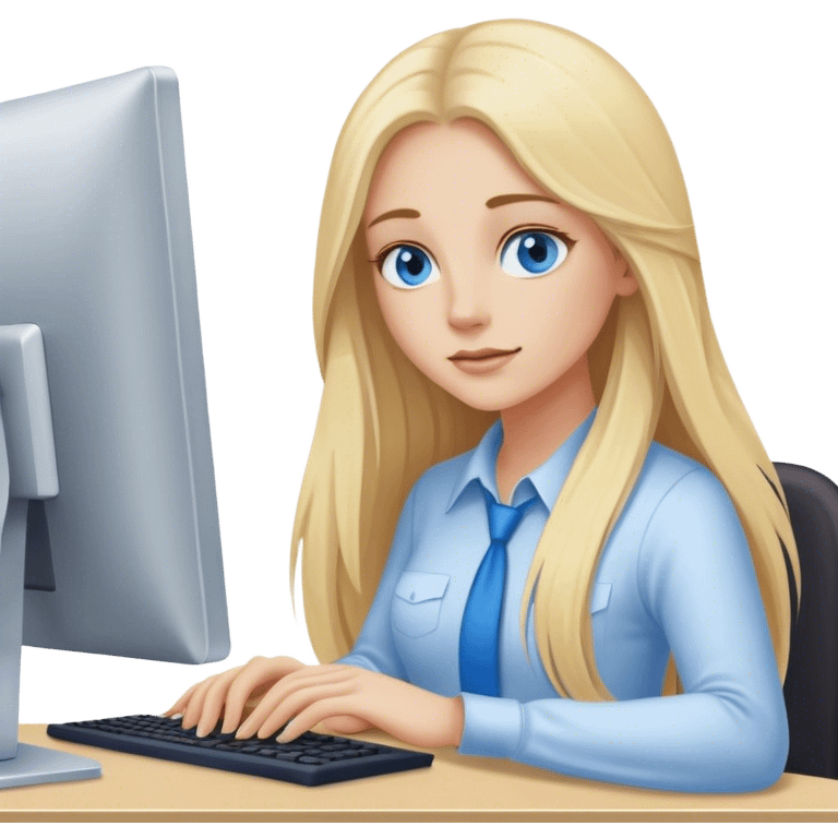 Cinematic realistic blonde with long hair, blue eyes is working at a computer emoji